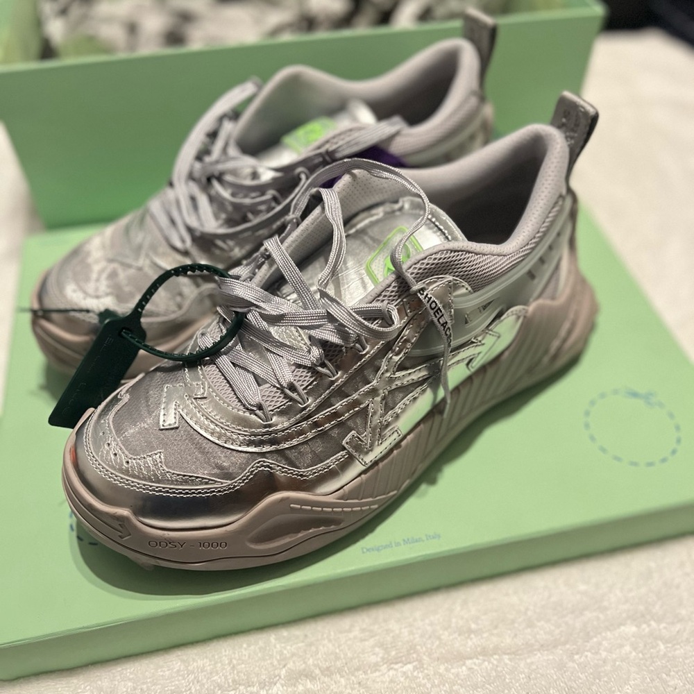 Off-White Silver and Gray Athletic Shoes